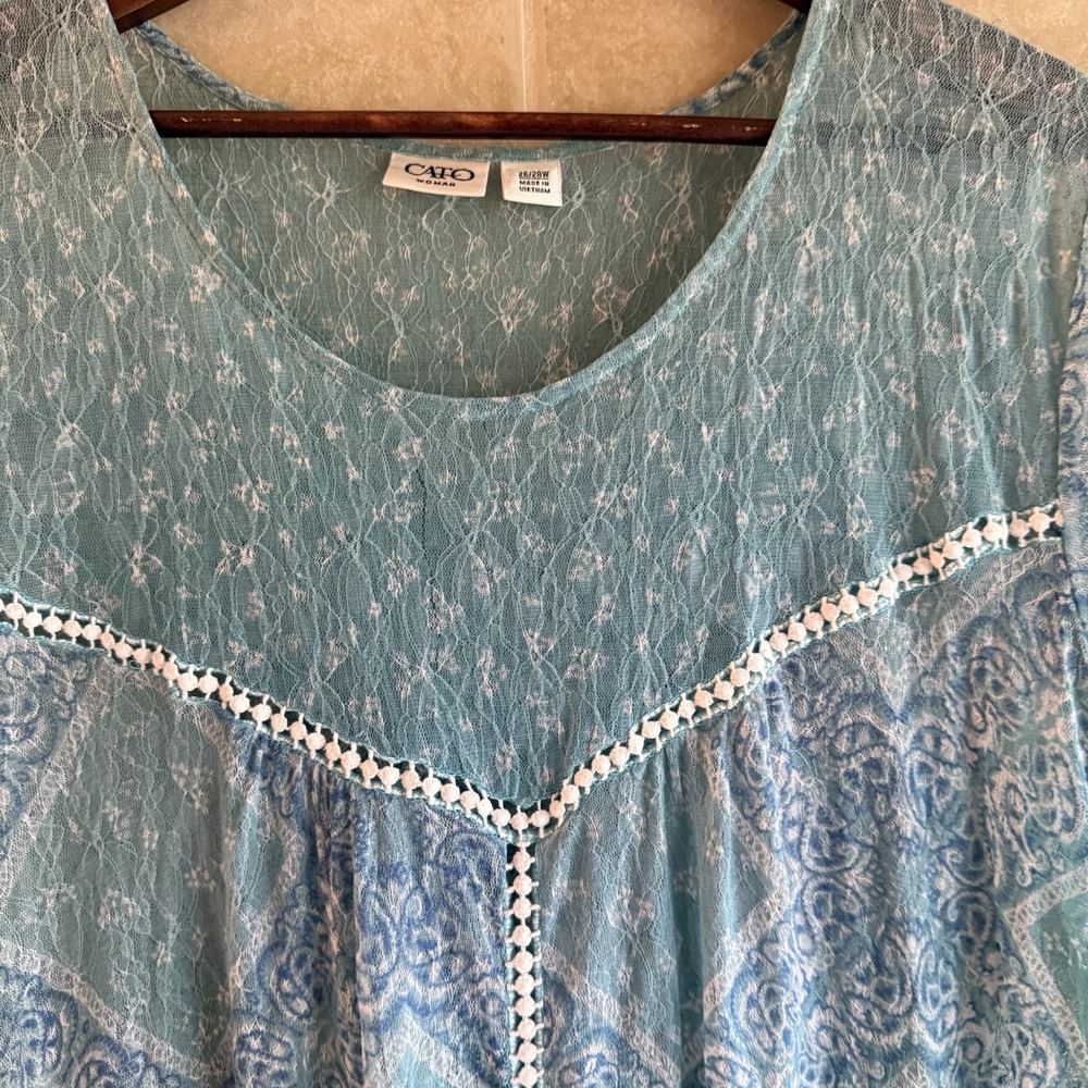 Cato Blue Teal Mesh Top 26/28W Ethereal Boho Whimsical Flowy Airy Semi Sheer - Picture 2 of 14
